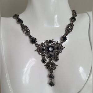 Vintage Victorian Gothic Dark Silver Metal Black Rhinestone Y Drop Necklace